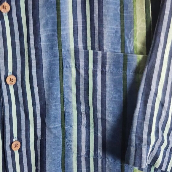 Tommy Bahama Shirt Mens Large Blue Green 100% Silk Relax Striped Hawaiian Camp - Picture 2 of 12